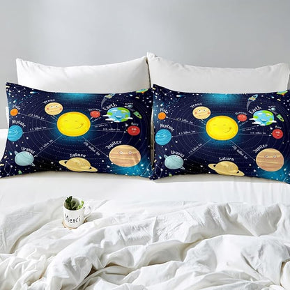 Erosebridal Outer Space Comforter Set Starry Sky Bedding Set King Size for Kids Boys Girls Room Galaxy Planet Space Duvet Sets Solar System Cartoon Down Comforter 3 Pieces with 2 Pillow Cases, Blue