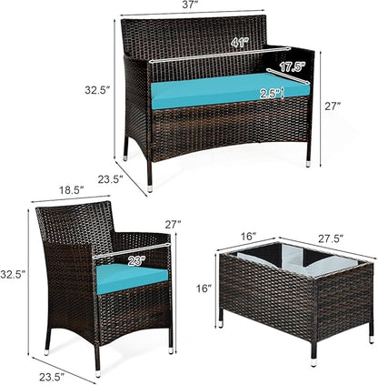 LUARANE 4-Piece Rattan Patio Furniture Set, Outdoor Wicker Sofa Couch Table Set, w/Thick Seat Cushions Tempered Glass Coffee Table, Conversation Set for Lawn Garden Poolside Backyard (Turquoise)
