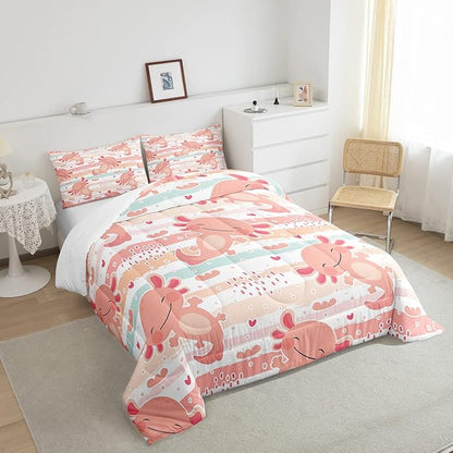 Manfei Cute Axolotl Comforter Set King Size,Rainbow Stripes Quilt Set,Animal Theme Bedding Comforters 3pcs for Kids Teens Girls Boys Room Decor,Pink Romantic Soft Duvet Set with 2 Pillowcases
