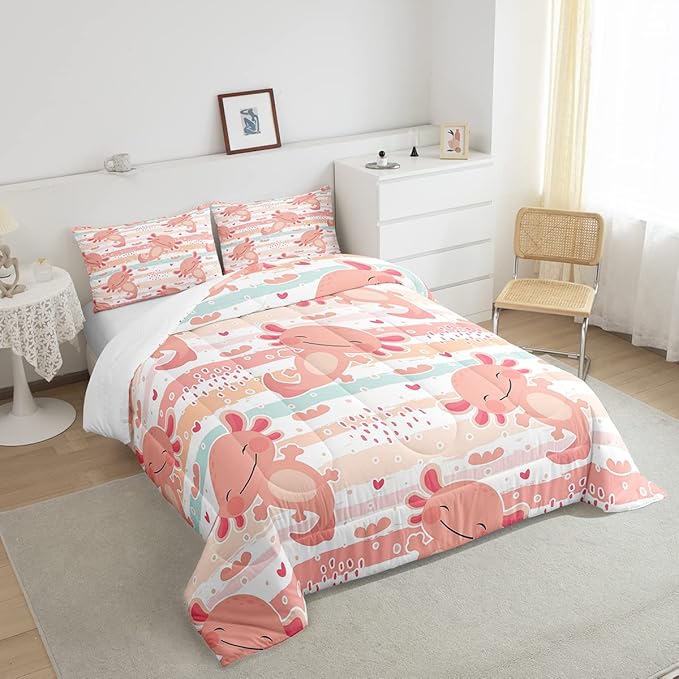Cute Axolotl Comforter Set Queen Size Rainbow Stripes Quilt Set Animal Theme Bedding Comforters 3pcs for Kids Teens Room Decor,Pink Romantic Soft Duvet Set with 2 Pillowcases
