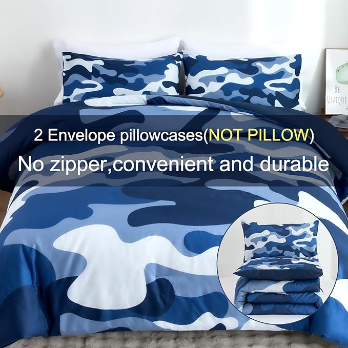 Meeting Story Camouflage Bedding Set, Colorful Pattern Style Comforter Set, 3 PCS One Comforter Two Pillowcases Two Sheets in One Bag, All Season Bedspread for Teens Adults (Navy,King