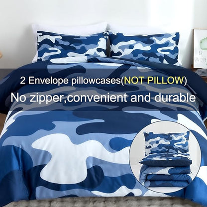 Meeting Story Camouflage Bedding Set, Colorful Pattern Style Comforter Set, 3 PCS One Comforter Two Pillowcases Two Sheets in One Bag, All Season Bedspread for Teens Adults (Navy,Twin