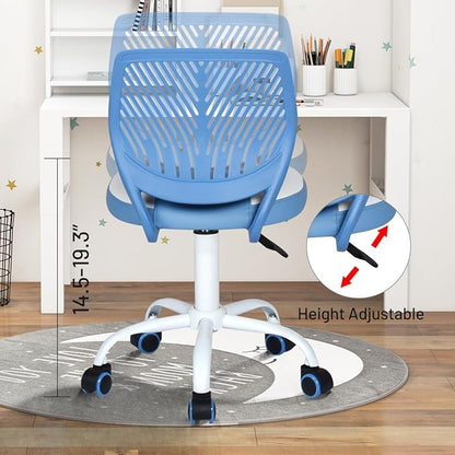 FurnitureR Desk Chair Small Study Chairs Armless for Child Kids Teens, Swivel Rolling Lightweight Task Chair with Wheels and Pu Leather Padded Cushion, Blue/White