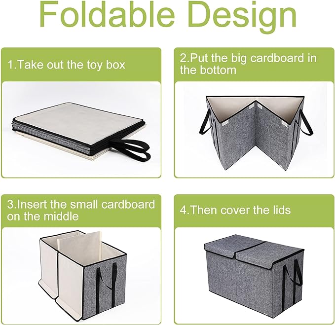 Large Kids Toy Box Chest Storage organizer with Double Flip-Top Lid - Collapsible Sturdy Toy Organizers And Storage Bins With Big Handles For Nursery, Playroom, 26.8"x13.8"x16"(Grey)