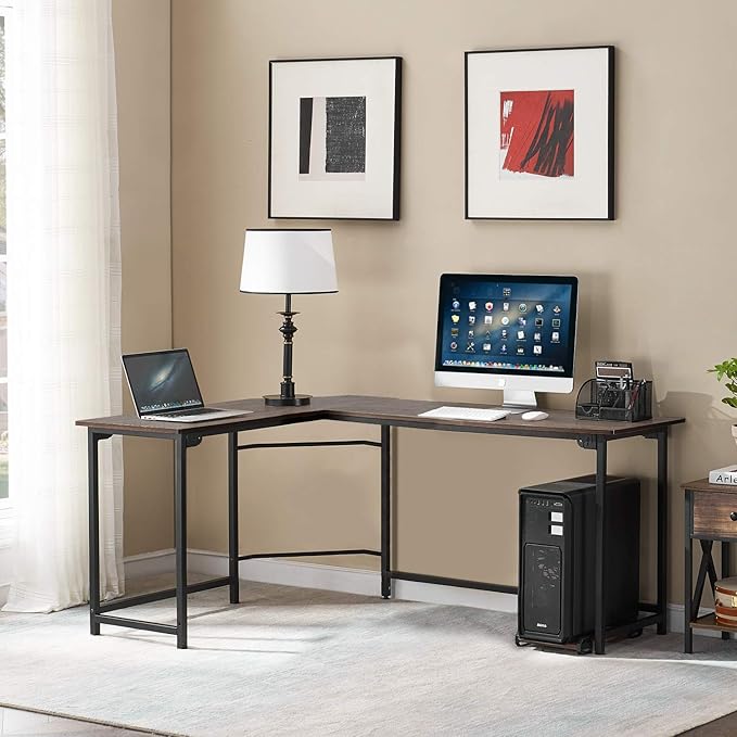 VECELO L Shaped Computer Corner Desk with CPU Stand/PC Laptop Study Writing Table for Home Office Workstation Wood & Metal, 66 in, Coffee + Black Leg