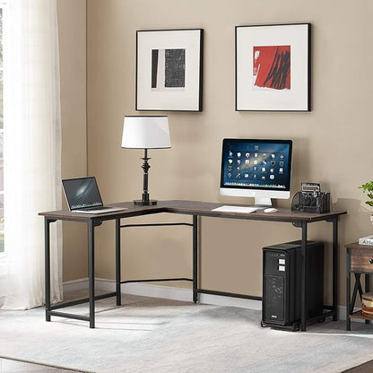 VECELO L Shaped Computer Corner Desk with CPU Stand/PC Laptop Study Writing Table for Home Office Workstation Wood & Metal, 66 in, Coffee + Black Leg