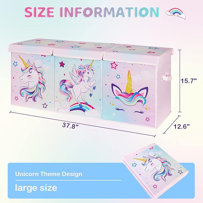WERNNSAI Unicorn Toy Box Chest – Large Toy Chest Organizer with Flip-Top Lid Collapsible Sturdy Storage Bin with Handles 38 x 13 x 16 Inch for Kids Girls Pink Closet Nursery Living Room Bedroom