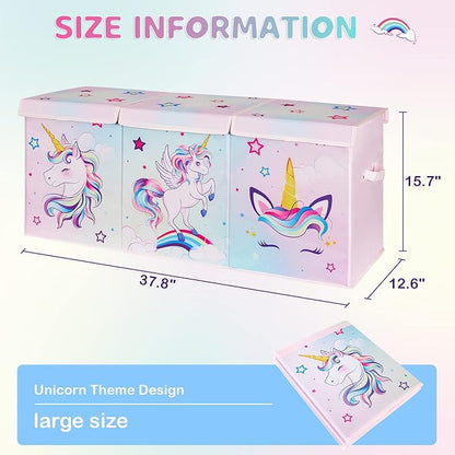 WERNNSAI Unicorn Toy Box Chest – Large Toy Chest Organizer with Flip-Top Lid Collapsible Sturdy Storage Bin with Handles 38 x 13 x 16 Inch for Kids Girls Pink Closet Nursery Living Room Bedroom