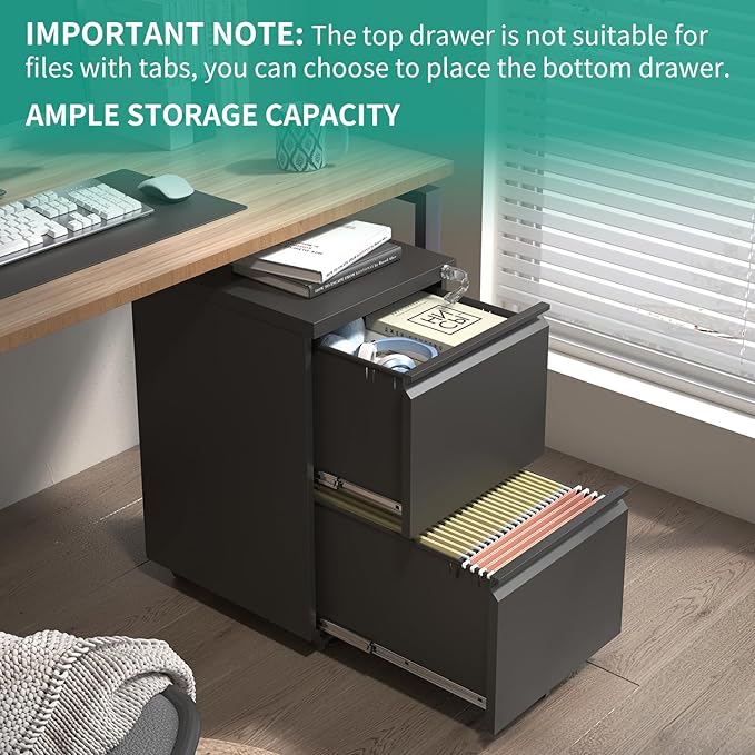 2 Drawer Mobile File Cabinet with Lock,Under Desk Metal Filing Cabinet for Home Office,Metal Small Rolling File Cabinet with 2 Keys for Legal/Letter/A4 Size Fully Assembled Except Wheels (Black)