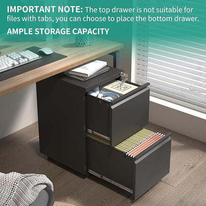2 Drawer Mobile File Cabinet with Lock,Under Desk Metal Filing Cabinet for Home Office,Metal Small Rolling File Cabinet with 2 Keys for Legal/Letter/A4 Size Fully Assembled Except Wheels (Black)
