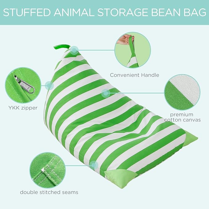 Aubliss Stuffed Animal Storage Bean Bag Chairs Cover, 50"x 35" Extra Large Bean Bags Chair for Kids & Adults, Beanbag Toy Storage for Boys Girls - Premium Cotton Canvas Green Stripe