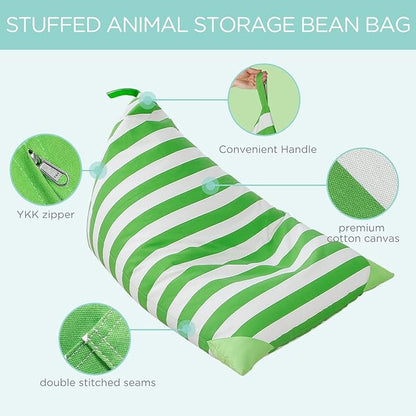 Aubliss Stuffed Animal Storage Bean Bag Chairs Cover, 50"x 35" Extra Large Bean Bags Chair for Kids & Adults, Beanbag Toy Storage for Boys Girls - Premium Cotton Canvas Green Stripe