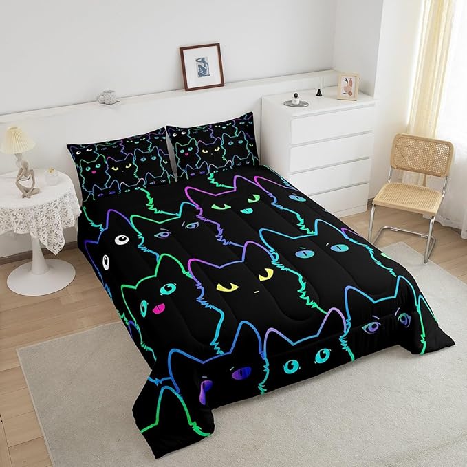 Erosebridal Cute Cat Kids Comforter Neon Rainbow Line Cat Twin Bedding Set for Girls Boys Teen Cartoon Kawaii Cats Toddler Bed Set Colorful Animals Quilt Set Reversible Black,1 Pillow Case