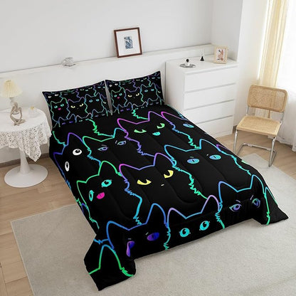 Erosebridal Teen Girl Bedding Full Size Cute Cat Kids Comforter Set Rainbow Line Cats Bedding Sets for Girls Boys Cartoon Kawaii Animal Quilt Set Reversible Black All Season,2 Pillow Cases