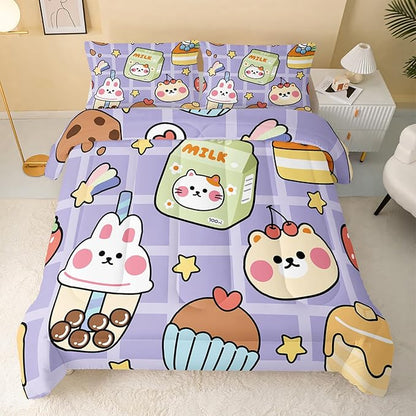 Kawaii Bear Comforter Set for Kids Teens Girls Women,Purple Bear Kids Comforter,1 Comforter with 2 Pillowcase, Microfiber 3 Piece Bedding Set,for All Seasons(Purple，Full Size)