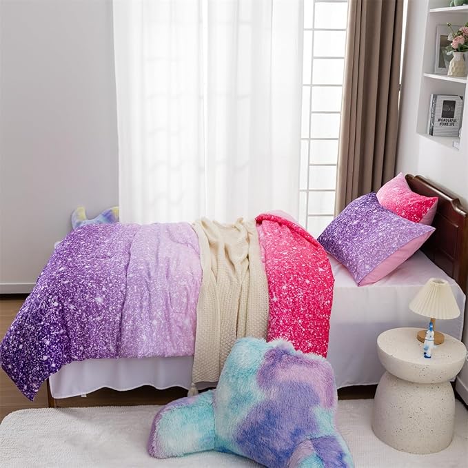 Holawakaka Kids Space Star Glitter Comforter Set Ombre Pink Purple Print Ombre Bedding Set Twin/Twin XL Size Girls Gradient Galaxy Dorm Bed Sets (Pink Purple,Twin)