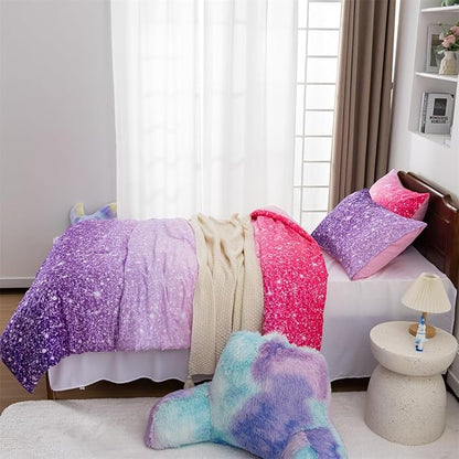 Holawakaka Kids Space Star Glitter Comforter Set Ombre Pink Purple Print Ombre Bedding Set Twin/Twin XL Size Girls Gradient Galaxy Dorm Bed Sets (Pink Purple,Twin)