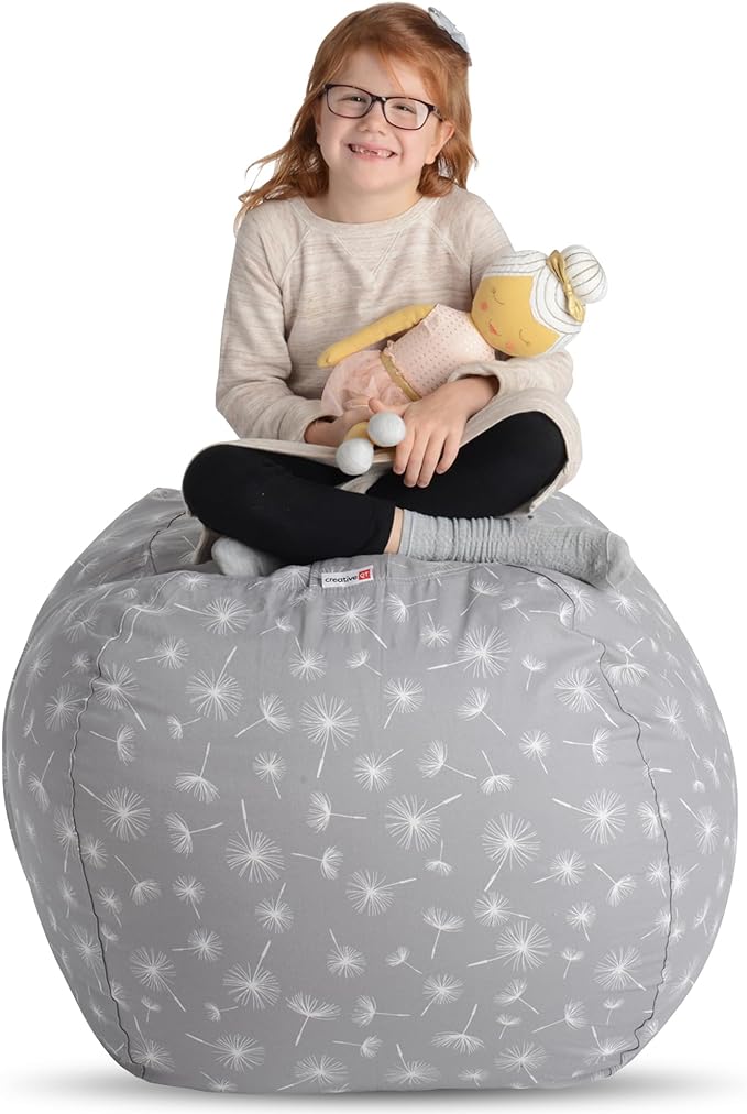 Creative QT Stuff ’n Sit Extra Large 38’’ Bean Bag Storage Cover for Stuffed Animals & Toys, Giant Beanbag Chair for Plush, Toddler & Kids Rooms Bedroom Organizer, Gray Dandelion