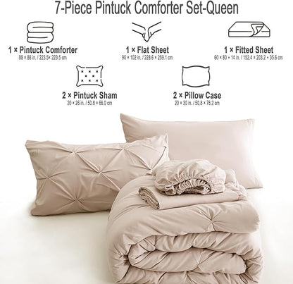 Ubauba 7pc Beige Queen Comforter Set with Sheets, 7 Piece Pintuck Bed in a Bag Ivory with Comforter and Sheets, Off White Bedding Comforters & Sets (Cream, Queen Size)