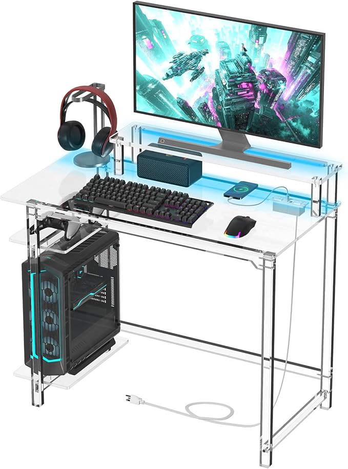 HMYHUM Acrylic Gaming Desk with LED Lights & Charging Station, Clear Computer Desk with Monitor Stand and Shelves, Home Office Desk with USB Ports & Outlet, 39.4" L x 19.7" W x 29.5" H