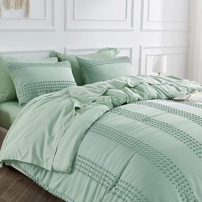 ENJOHOS Sage Green Queen Comforter Set - Boho Bedding Sets Queen Size, 3 PCS Tufted Comforter with Pom Pom Design for All Season, Lightweight Soft Microfiber Cooling Comforter with 2 Pillow Cases