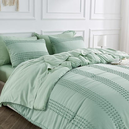 ENJOHOS Sage Green Queen Comforter Set - Boho Bedding Sets Queen Size, 3 PCS Tufted Comforter with Pom Pom Design for All Season, Lightweight Soft Microfiber Cooling Comforter with 2 Pillow Cases