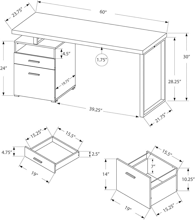 Monarch Specialties Computer Writing Desk for Home & Office Laptop Table with Drawers Open Shelf and File Cabinet-Left or Right Set Up, 60" L, Walnut