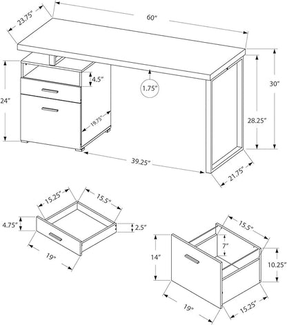 Monarch Specialties Computer Writing Desk for Home & Office Laptop Table with Drawers Open Shelf and File Cabinet-Left or Right Set Up, 60" L, Walnut