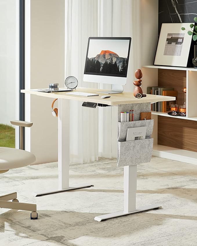 Standing Desk Adjustable Height, Electric Standing Desk with Starage Bag, Stand up Desk for Home Office Computer Desk Memory Preset with Headphone Hook, 48x24 Inch, Maple