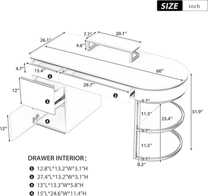 NicBex Laik-DW-00036-DX Desks, 60" W x 26.1" D x 31.9" H, Gold+White
