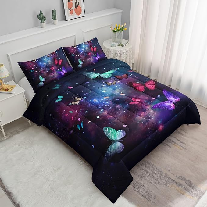 Butterfly Comforter Set for Girls Women,Colorful Butterflies in Space Galaxy Printed Black Bedding Set with 2 Pillowcases(Butterfly Galaxy Twin)