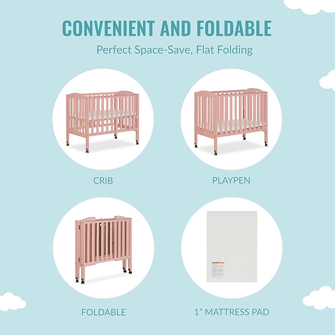 2-in-1 Portable Folding Stationary Side Crib in Dusty Pink, Greenguard Gold Certified, Two Adjustable Mattress Height Positions,Made of Solid Pinewood, Flat Folding Crib