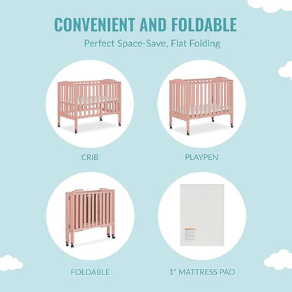 2-in-1 Portable Folding Stationary Side Crib in Dusty Pink, Greenguard Gold Certified, Two Adjustable Mattress Height Positions,Made of Solid Pinewood, Flat Folding Crib