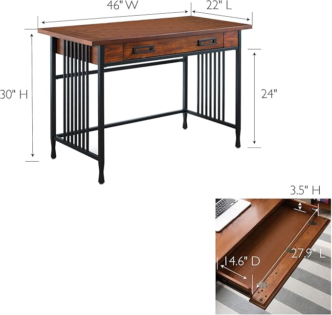 Leick Home 11200 Ironcraft Rustic Writing/Computer Desk with Drop Front Keyboard Drawer, Mission Oak and Black, 22x 46x 30, Brownbronze