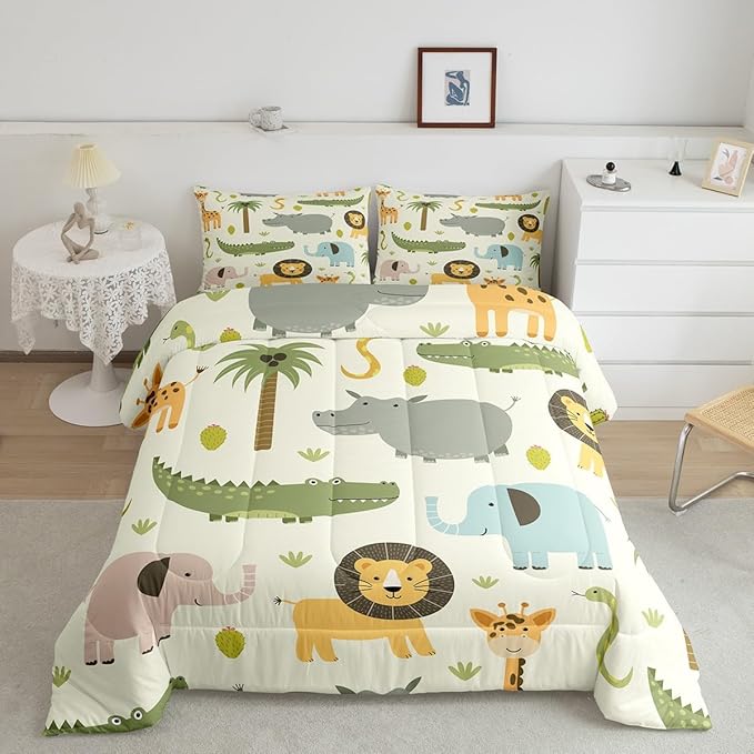 Feelyou Nursery Cute Wild Animals Bedding Set for Girls Boys Child Kids Cartoon Lion Giraffe Crocodile Comforter Decor Nature Wildlife Comforter Set Zoo Animal Theme Duvet Set Queen Size Quilt Set