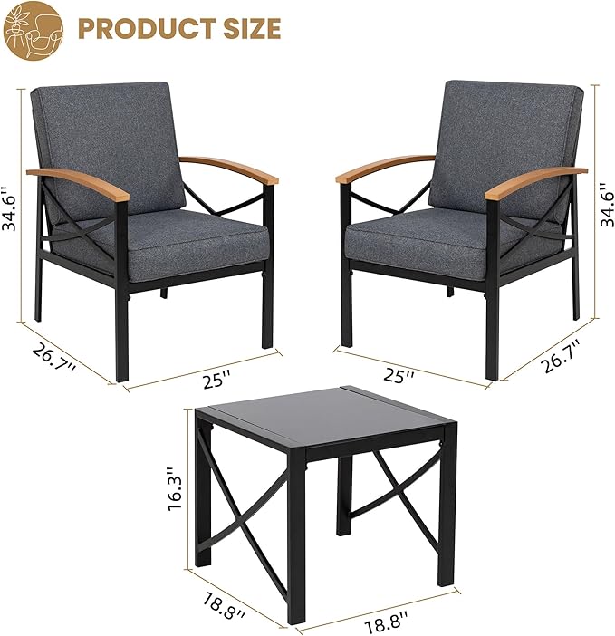 Shintenchi 3 Piece Metal Outdoor Patio Furniture Set, Modern Outdoor Metal Chairs Conversation Furniture Set with Coffee Table for Patio,Backyard,Balcony, Poolside (Dark Grey)