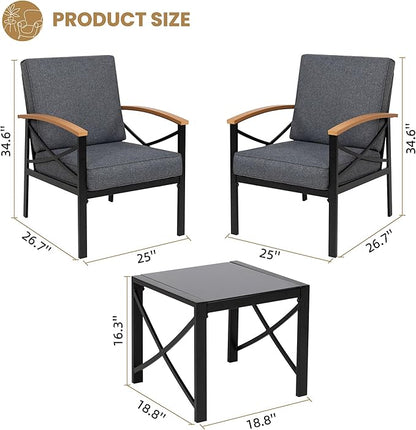 Shintenchi 3 Piece Metal Outdoor Patio Furniture Set, Modern Outdoor Metal Chairs Conversation Furniture Set with Coffee Table for Patio,Backyard,Balcony, Poolside (Dark Grey)