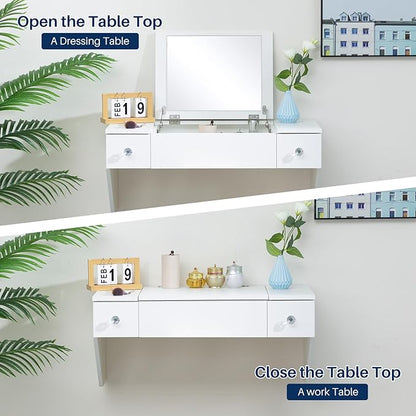 ALIMORDEN Floating Shelf with Mirror and Drawer,Floating Drawer for Bathroom, White Wall Mounted Desk,Pull Out Drawer, 31 inches Surface, Floating Wall Desk, Hanging Desk, White