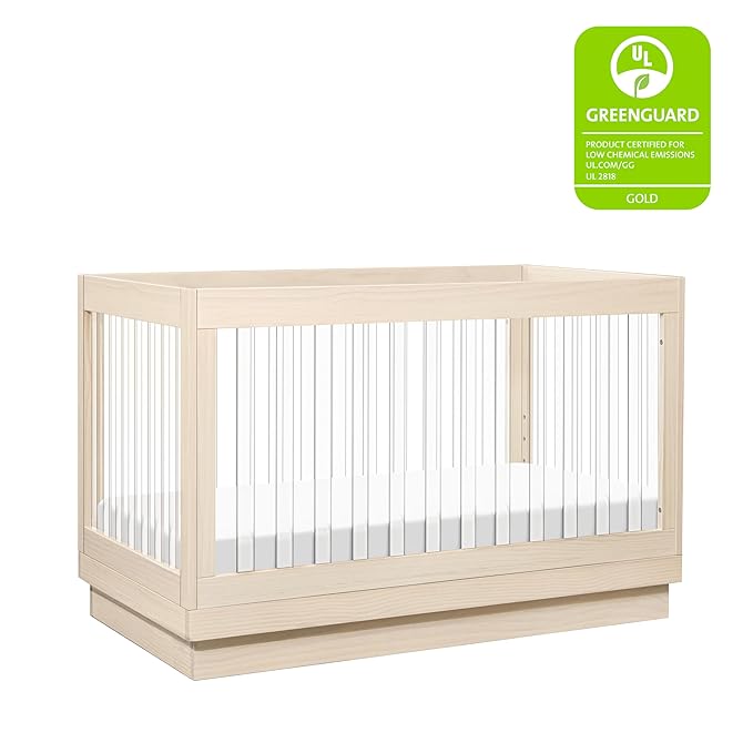 Babyletto Harlow Acrylic 3-in-1 Convertible Crib with Toddler Bed Conversion Kit in Washed Natural with Acrylic Slats, Greenguard Gold Certified