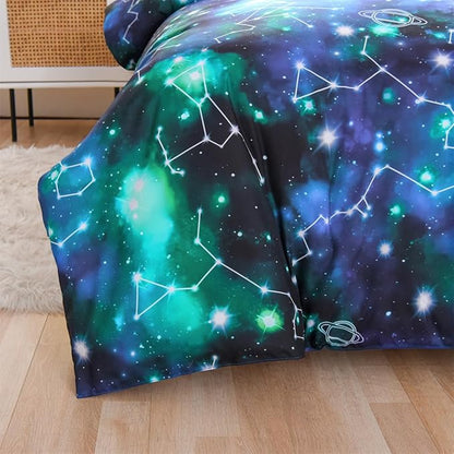 Holawakaka Tie Dye Constellation Print Ombre Comforter Set Twin Size Girls Boys Gradient Galaxy Bedding Set (Black Green,Twin)