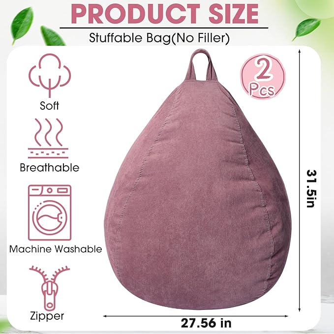 2 Pcs 100L Stuffed Animal Storage Bean Bag Chair Cover (No Filler) for Kids Soft Corduroy Stuffable Bean Bag Zipper for Organizing Children Plush Toys(Dusty Pink)
