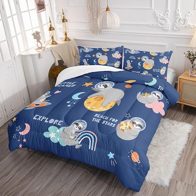 Kawaii Sloth Comforter Set 3 Pieces Outer Space Moon Cloudy Star Bedding Set Cartoon Animal Astronaut Bed Quilt Set for Girls Boys Kids with 1 Comforter and 2 Pillow Cases, Blue