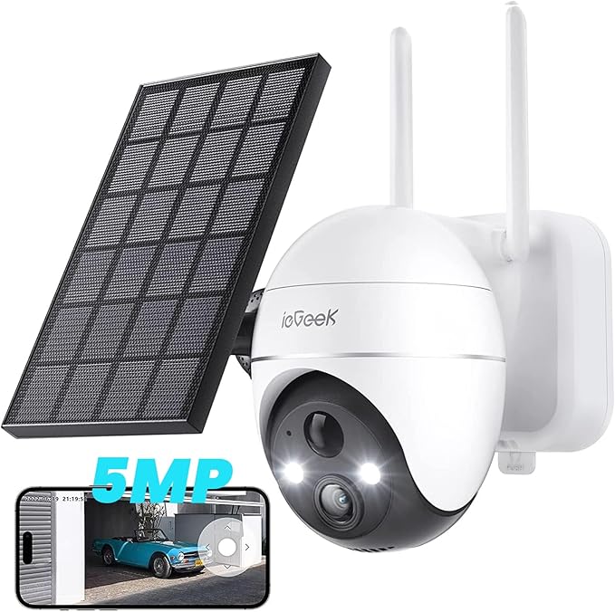 ieGeek 5MP Security Cameras Wireless Outside, Solar Camera Outdoor Wireless WiFi 360° PTZ Battery Powered with Spotlight & Siren/Motion Detection/Color Night Vision/2-Way Audio/IP65, Works with Alexa