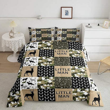 Manfei Deer Antlers Animals Silhouette Comforter Set Full,Camo Geometric Checks Bedding Set 3pcs for Kids Adults Room Decor,Nordic Boho Arrow Quilt Set,Vintage Green Duvet Insert with 2 Pillowcases