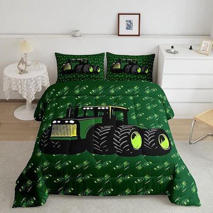 Erosebridal Boys Tractor Comforter Set Twin Size, Green Equipment Trucks Bedding Set, Construction Excavator Down Comforter, Cartoon Kids Car Room Decor Lightweight Soft Quilt Set, Farm Car Comforter