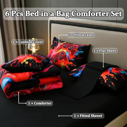 Full Size Gamer Comforter Set for Boys, Game Controller 6 Pcs Bed in a Bag Full Gaming Bediing Set for Boys Kids