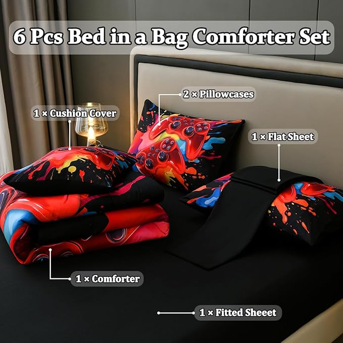 Gamer Comforter Set for Boys Kids, 6 Pcs Bed in a Bag Game Controller Boys Bediing Set Twin Size for All Season