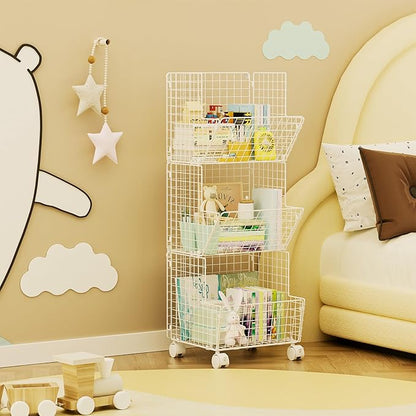 3 Tier Rolling Wire Toy Organizer Basket - with Wheel, S-Hooks, Toy Storage Cart Wall Bookshelf for Kids Room, Playroom, Bedroom (White, Standard)