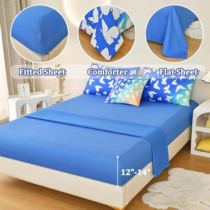 Butterfly Bedding Set Full, Blue Butterfly Comforter Set for Girls Kids Teens 6 pcs Bed in a Bag Full Bedding Sets for Girls