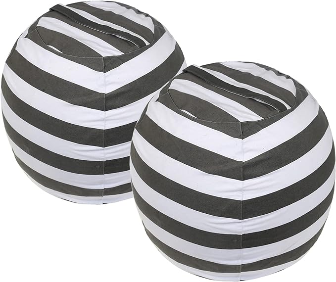 2 Packs Stuffed Animal Storage Beanbag Cover 24" Bean Bag Storage for Kids Girs Boys Room Toys Organizer Heavy-duty Zipper Bean Bag Chair Covers Only Grey Blue White Stripes Cotton Canvas